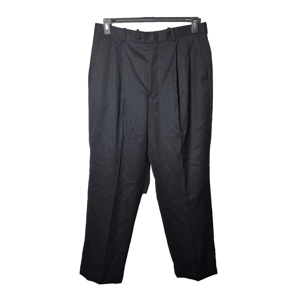 Alfani Wool Dress Pants Mens 34x29 Black  Pleated Trousers Cuffed Hem